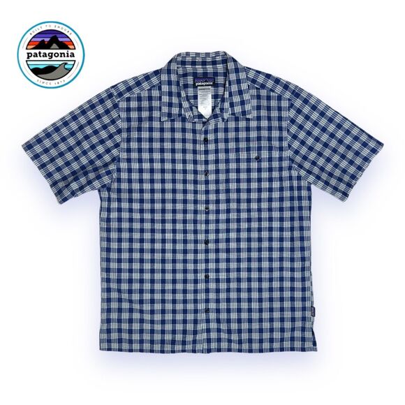Patagonia Other - Patagonia Men's M Plaid Seersucker Shirt SS Button Up Blue White Organic Cotton
